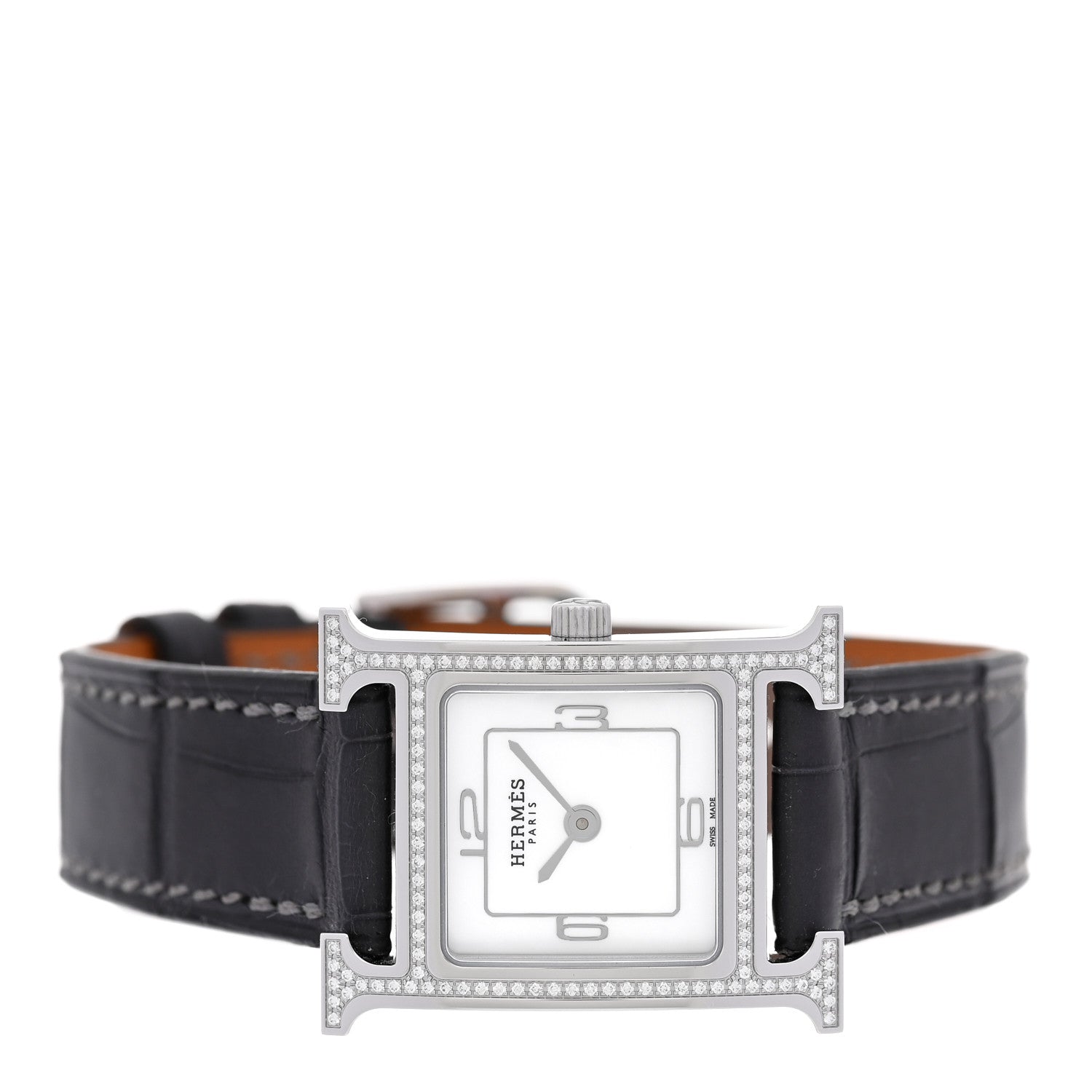 Hermes Stainless Steel Alligator Diamond Bezel Mother of Pearl 21mm Heure H Hour Quartz Watch Graphite 2 of 5