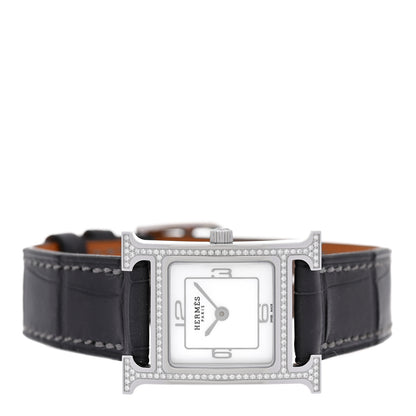 Hermes Stainless Steel Alligator Diamond Bezel Mother of Pearl 21mm Heure H Hour Quartz Watch Graphite 2 of 5