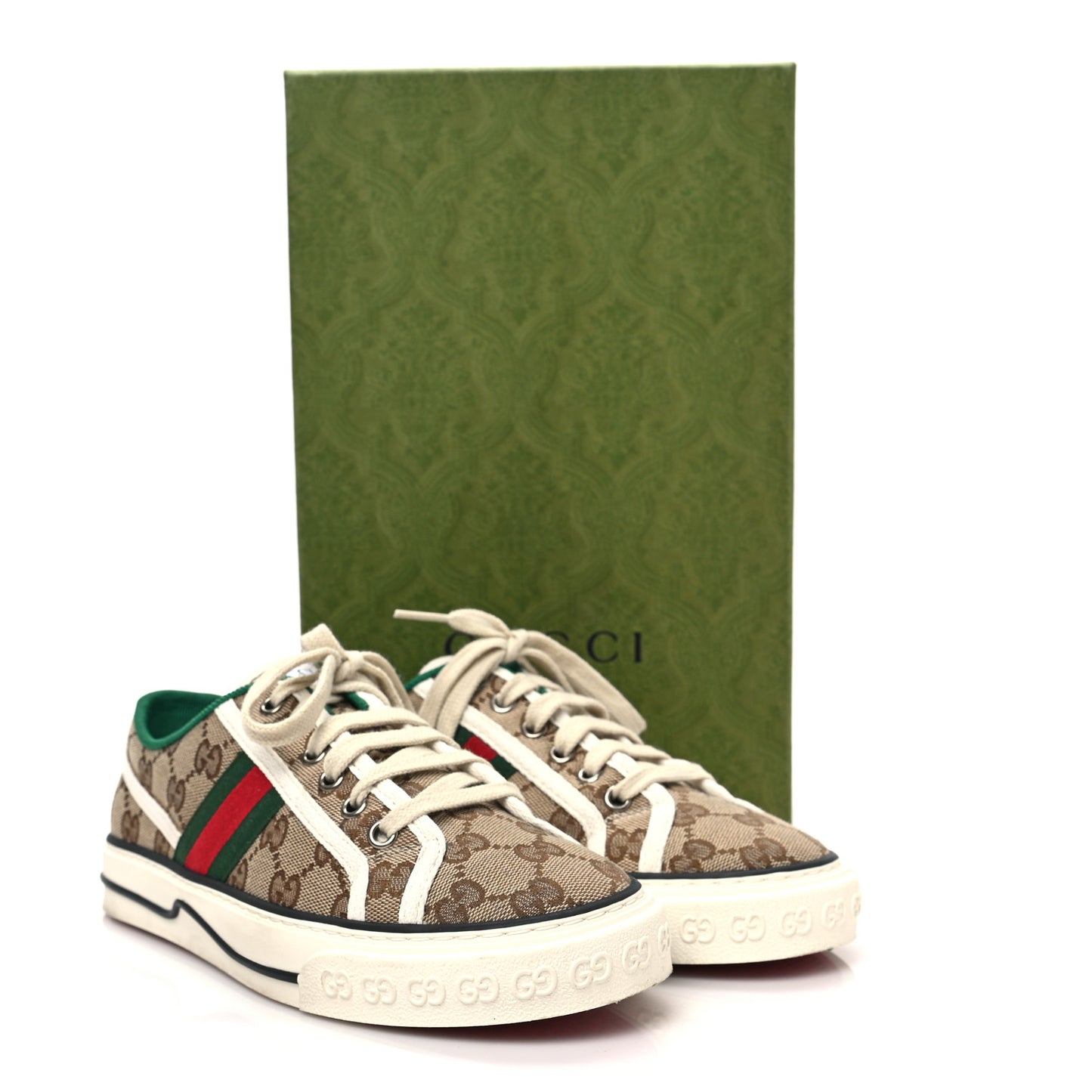 GG Monogram Web Womens 1977 Tennis Sneakers 37.5 Beige Ebony Mystic White