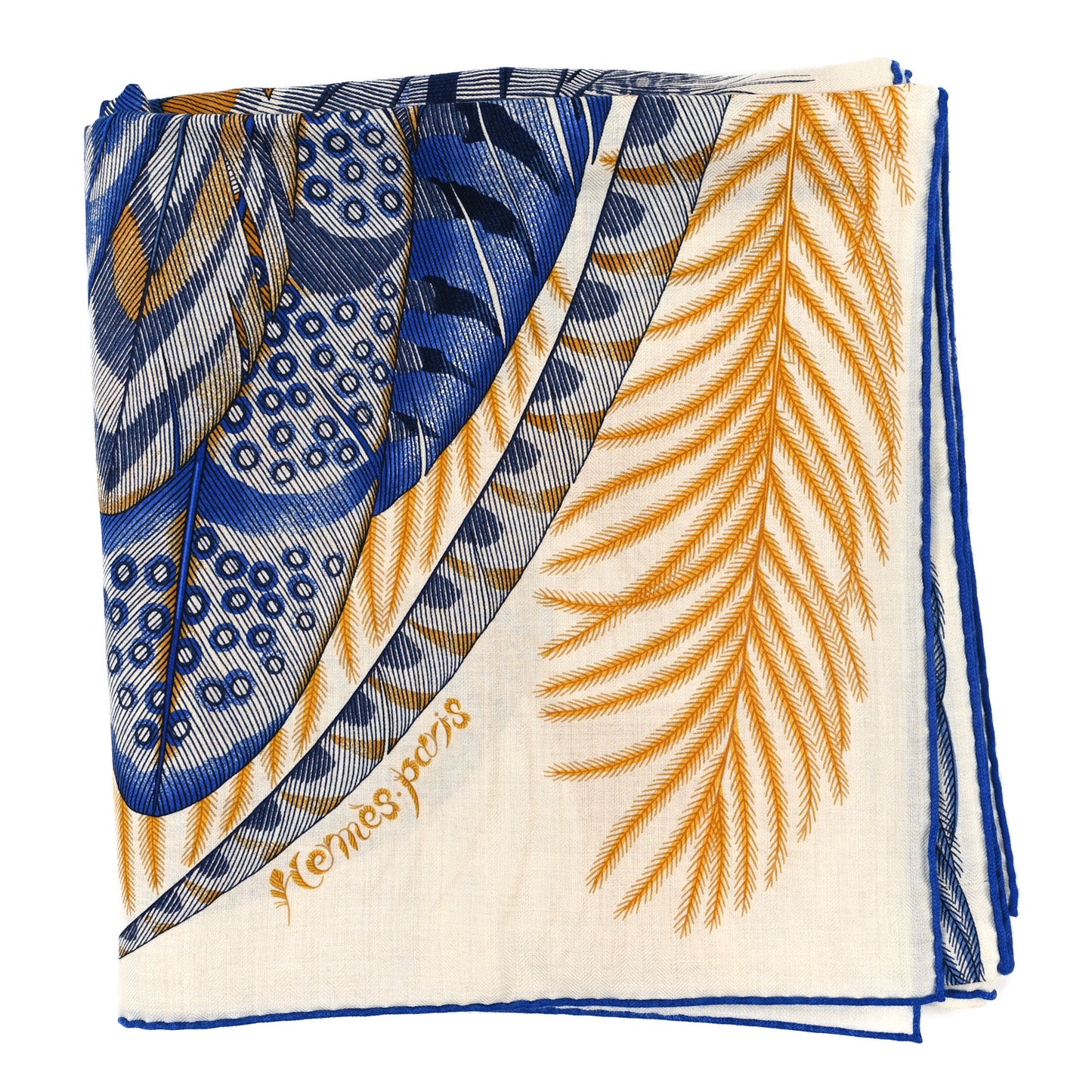 Cashmere Silk Plumes En Fete Shawl 140 White Bleu Gold