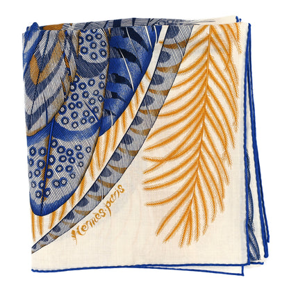Hermes Cashmere Silk Plumes En Fete Shawl 140 White Bleu Gold 2 of 3