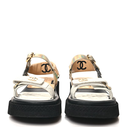 Chanel Lambskin Logo Platform Sandals 38 Beige Gold White 2 of 10