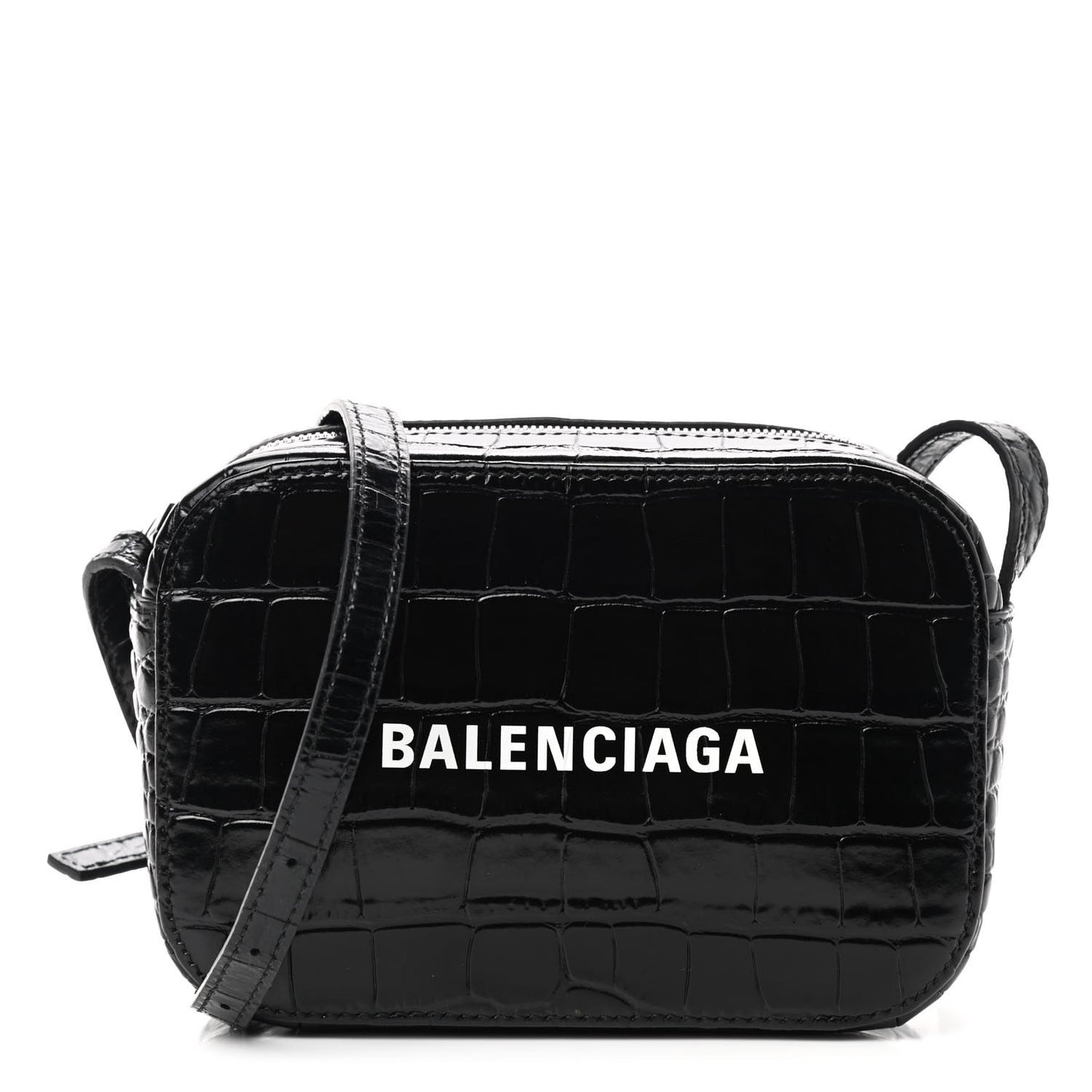 Shiny Calfskin Logo Crocodile Embossed XS Everyday Camera Bag Black