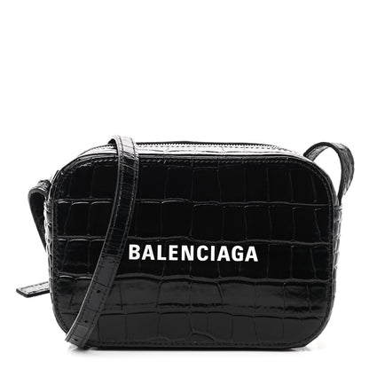 Balenciaga Shiny Calfskin Logo Crocodile Embossed XS Everyday Camera Bag Black 1 of 7