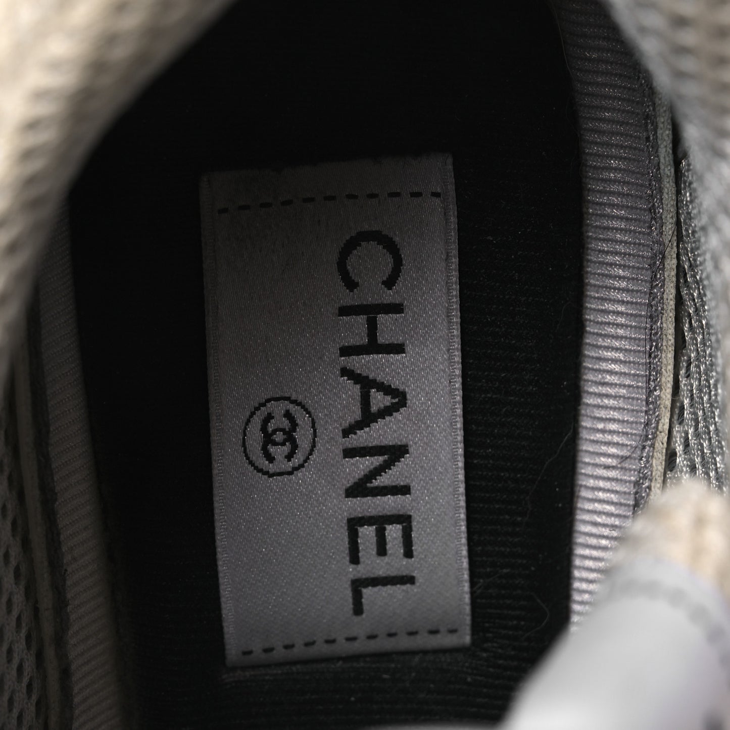 Fabric Laminated Calfskin Stretch CC Womens Sneakers 38.5 White Gold Silver