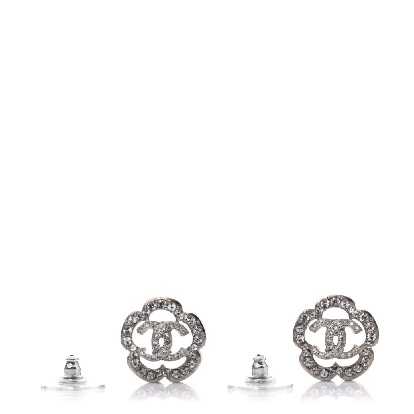 Crystal Coco Flapper Camellia CC Stud Earrings Silver