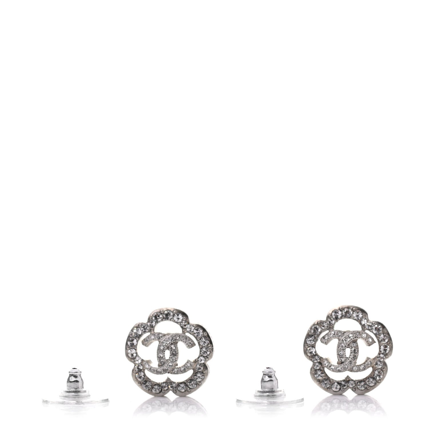 Chanel Crystal Coco Flapper Camellia CC Stud Earrings Silver 3 of 4