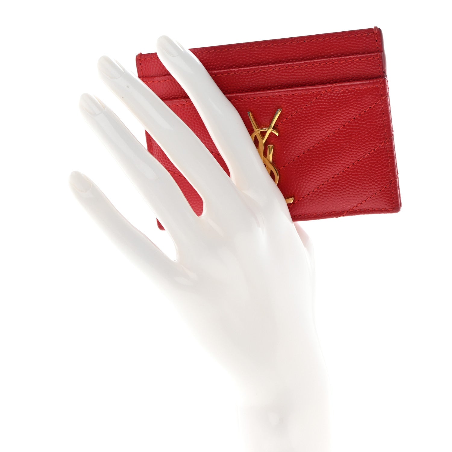 Saint Laurent Grain De Poudre Matelasse Chevron Monogram Credit Card Case New Red 2 of 14