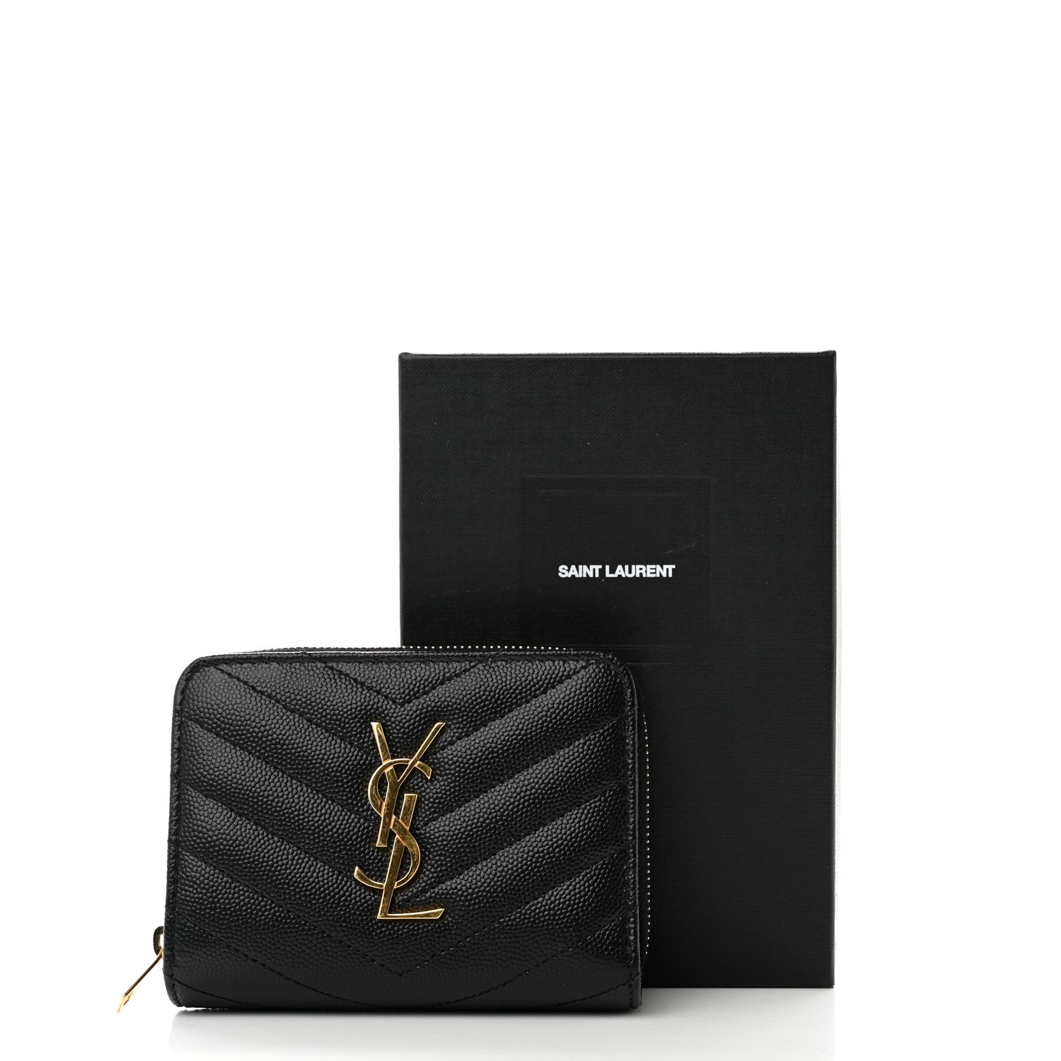 Saint Laurent Grain De Poudre Matelasse Chevron Monogram Compact Zip Around Wallet Black 7 of 7