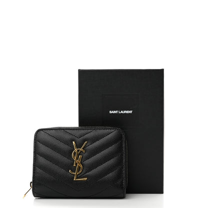 Saint Laurent Grain De Poudre Matelasse Chevron Monogram Compact Zip Around Wallet Black 7 of 7