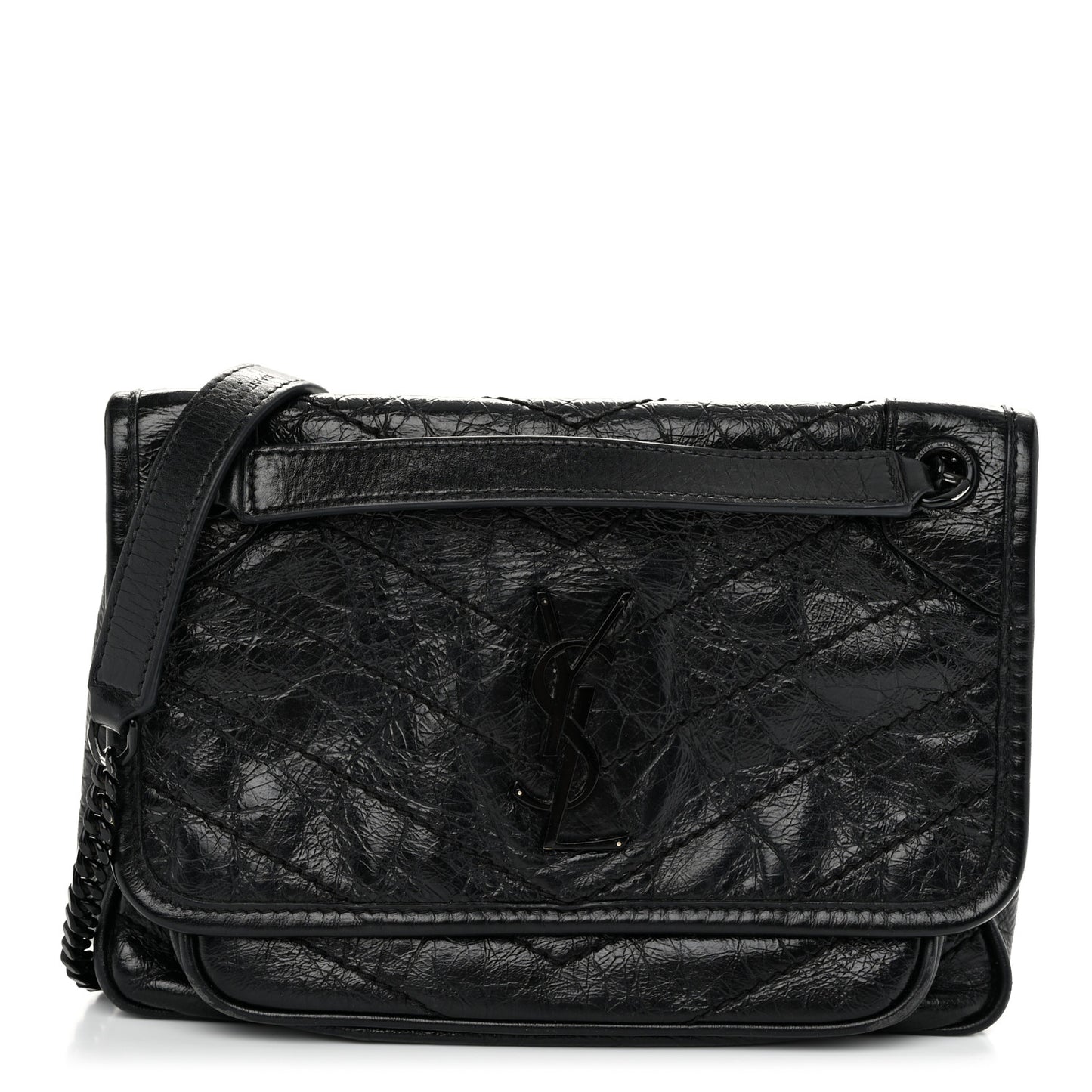Crinkled Calfskin Matelasse Monogram Baby Niki Chain Satchel Black