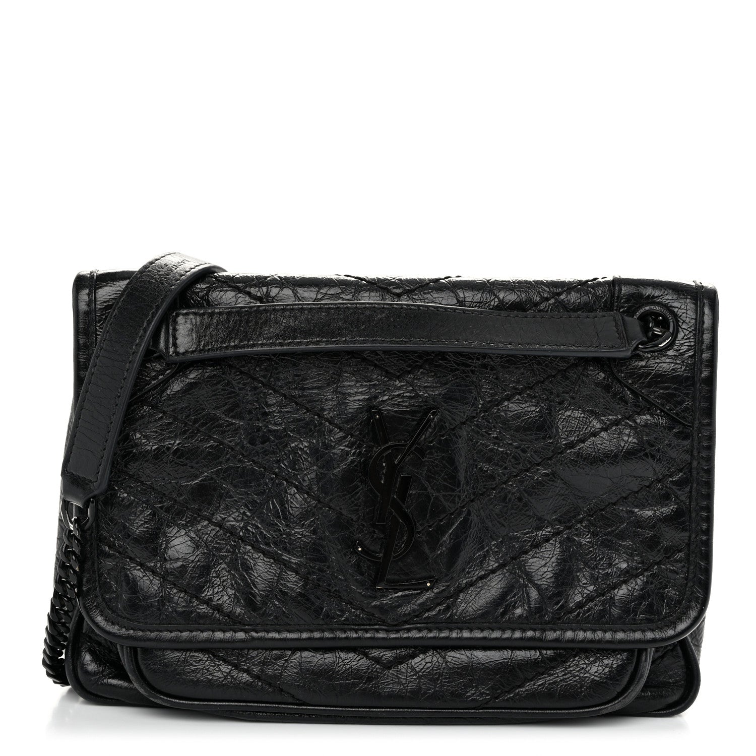 Saint Laurent Crinkled Calfskin Matelasse Monogram Baby Niki Chain Satchel Black 1 of 10