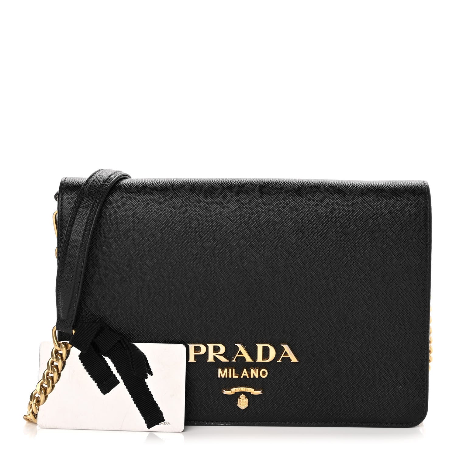 Prada Saffiano Lux Metal Logo Mini Chain Flap Crossbody Bag Black 1 of 13