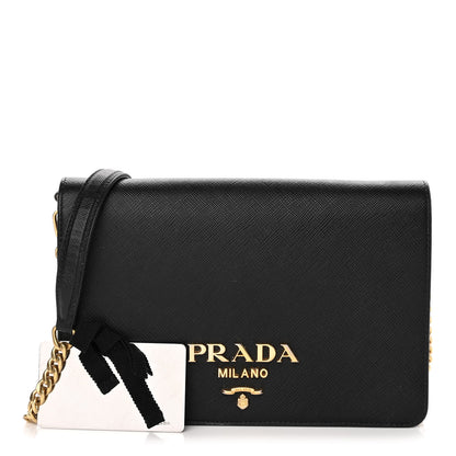 Prada Saffiano Lux Metal Logo Mini Chain Flap Crossbody Bag Black 1 of 13