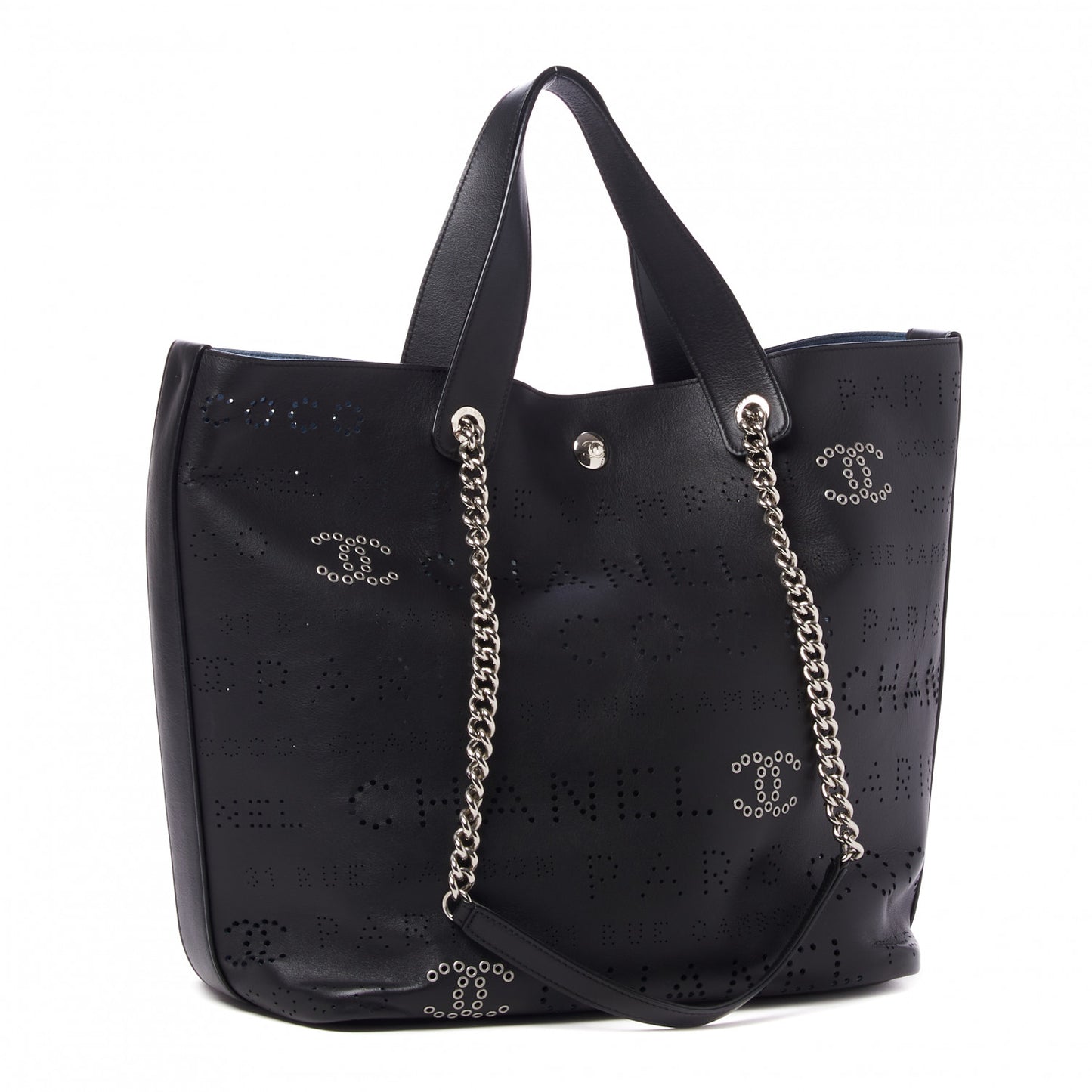 Calfskin Tweed Small Logo Eyelets Shopping Tote Black