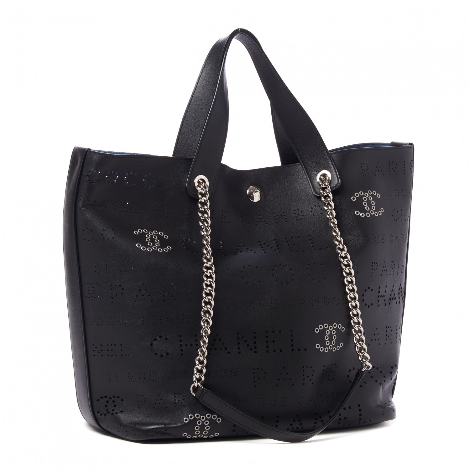 Chanel Calfskin Tweed Small Logo Eyelets Shopping Tote Black 4 of 10
