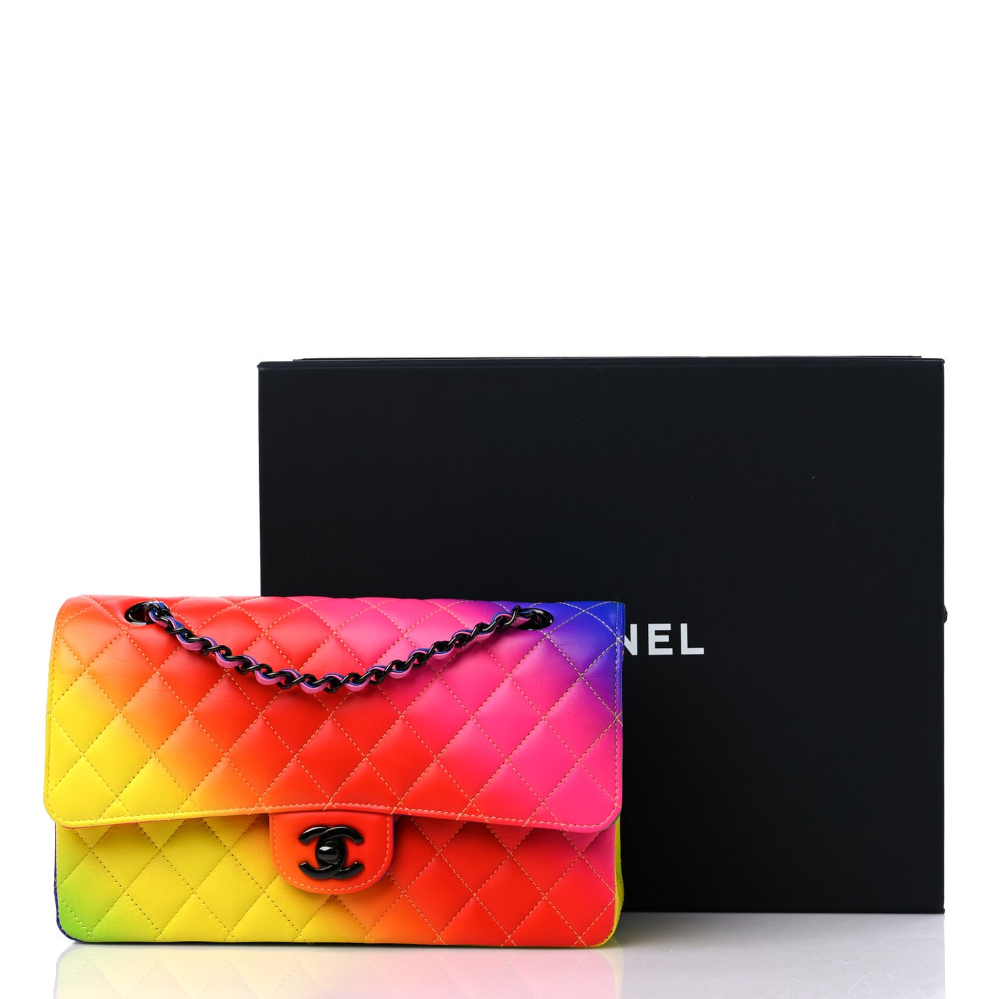 Calfskin Quilted Medium Rainbow Double Flap Multicolor