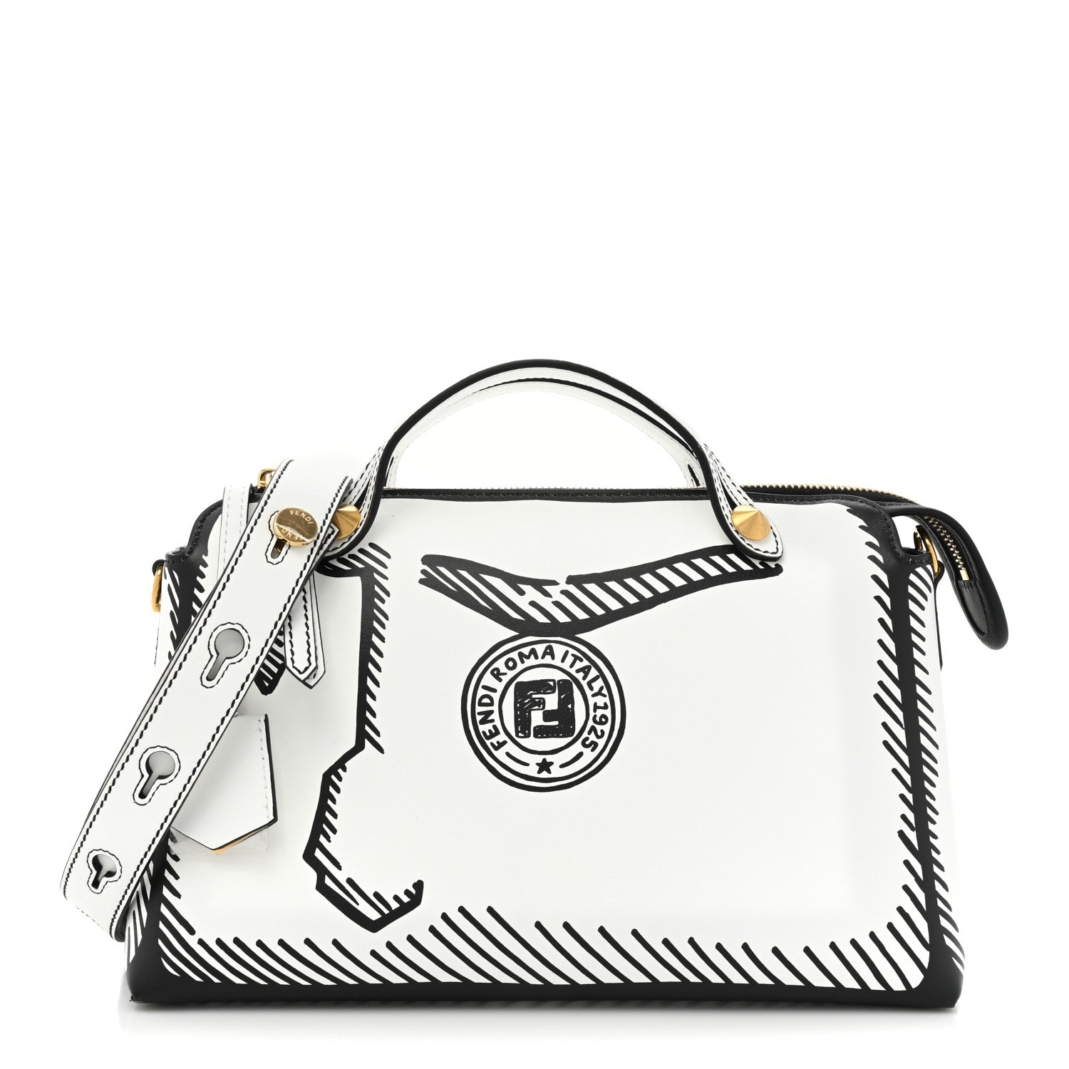Fendi X JOSHUA VIDES Vitello Century Logo Medium By The Way Boston Bag White Black 1 of 17