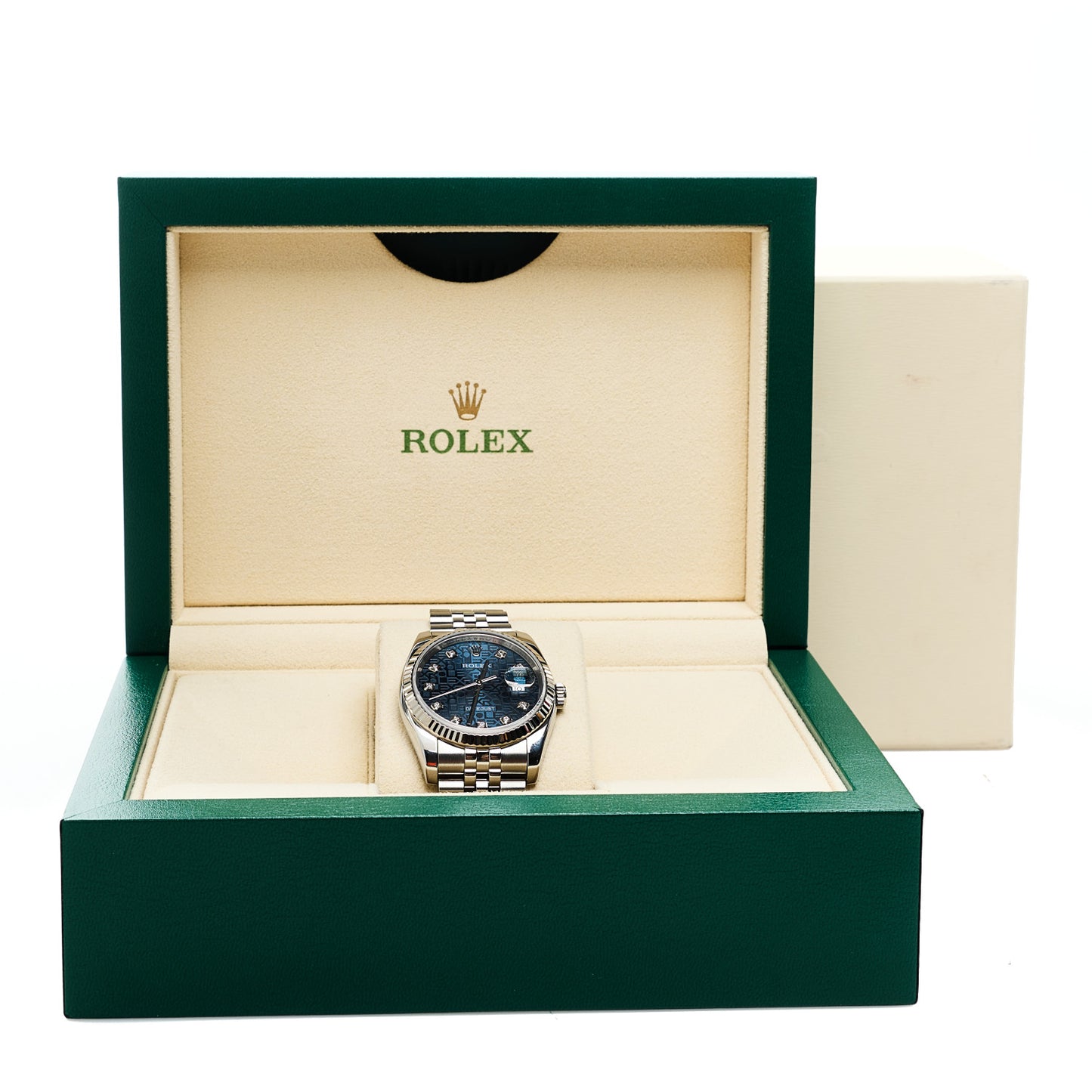 Stainless Steel 18K White Gold Diamond 36mm Oyster Perpetual Datejust Watch Blue Jubilee 116234