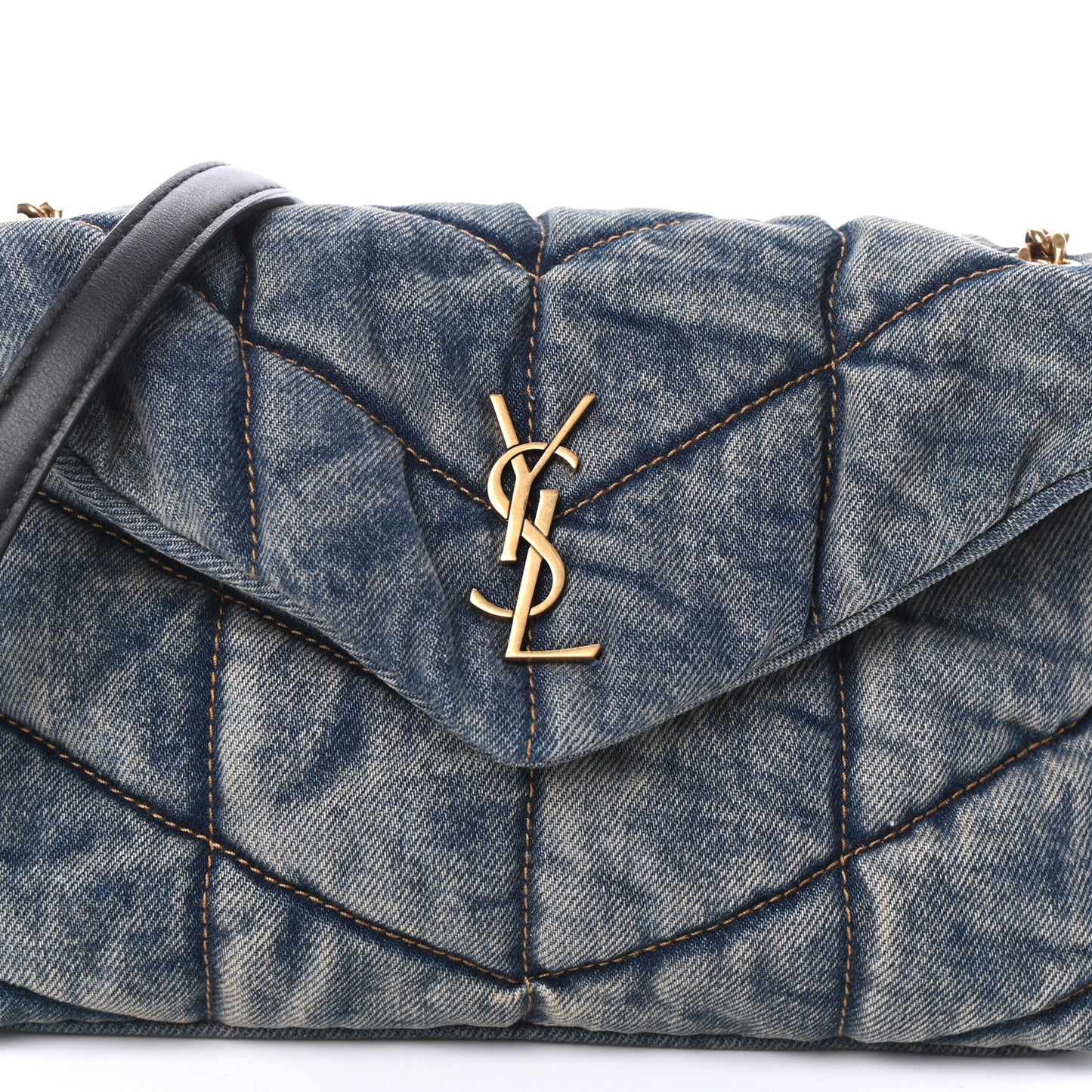Denim Quilted Toy Loulou Puffer Monogram Chain Satchel Blue Black