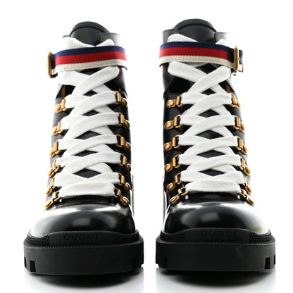 Gucci Calfskin Sylvie Web Womens Lace Up Combat Boots 38 Black 2 of 9