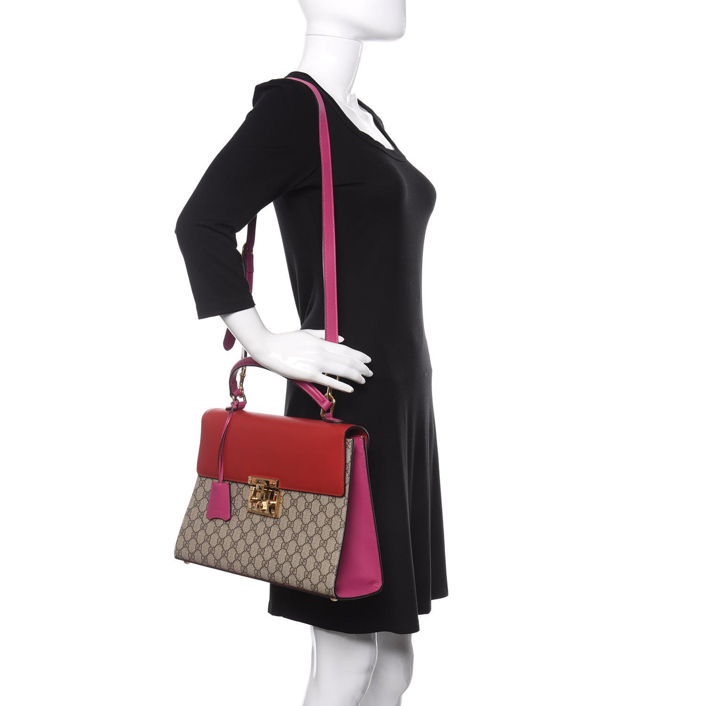 GG Supreme Monogram Calfskin Medium Padlock Top Handle Bag Beige Hibiscus Red New Rosette