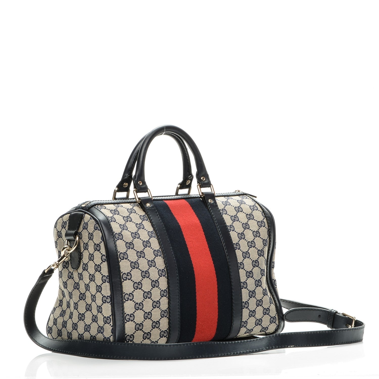 Gucci Monogram Selleria Calfskin Vintage Web Medium Boston Beige Blue 3 of 9