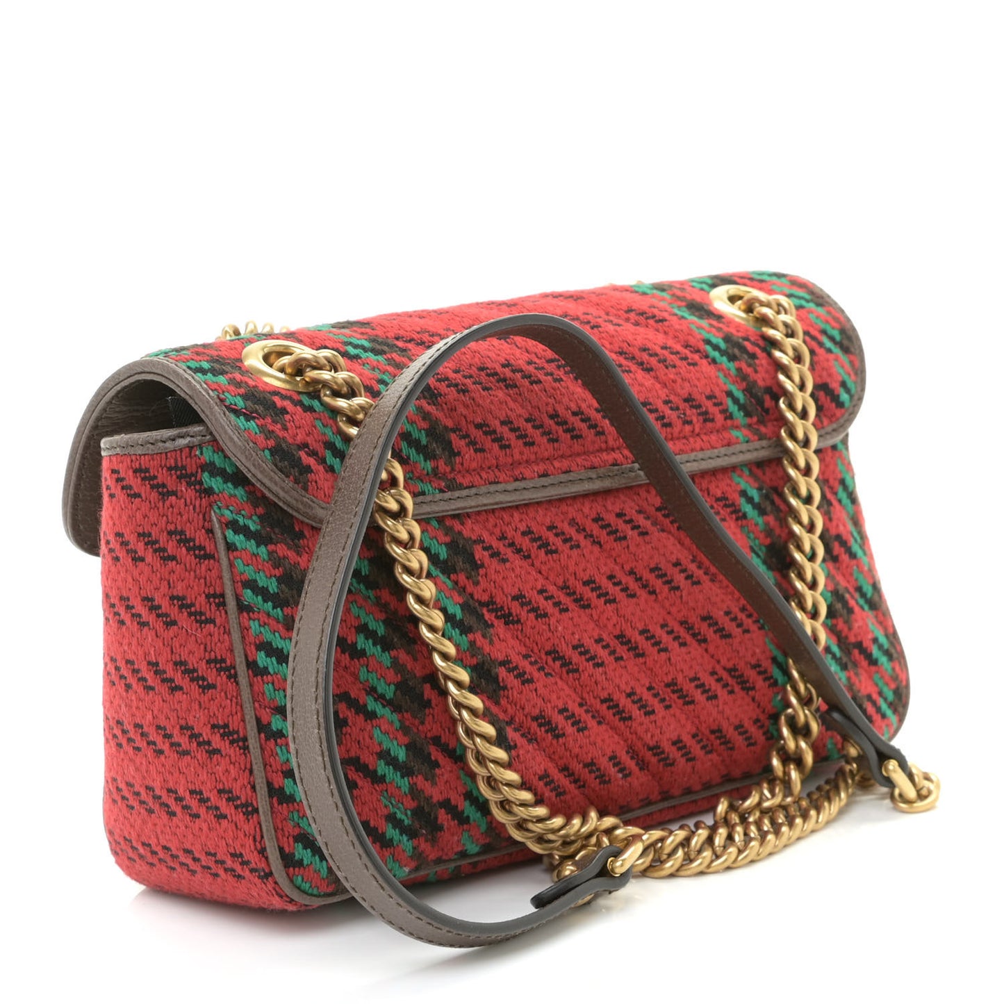 Wool Tweed Textured Dollar Calfskin Matelasse Diagonal Plaid Small GG Marmont Shoulder Bag Red Green Multicolor New Acero