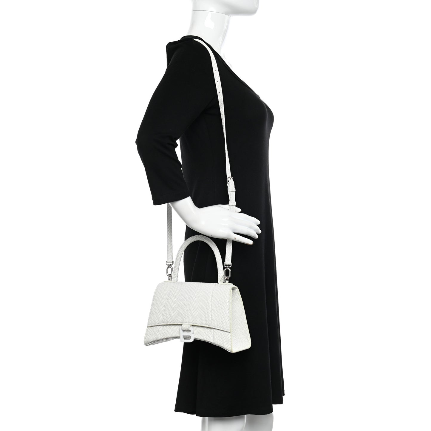Matte Calfskin Snake Embossed Tonal B Small Hourglass Top Handle Bag Optic White