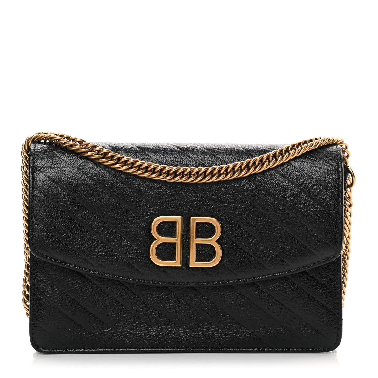 Shiny Goatskin Logo Embossed BB Wallet On Chain Black