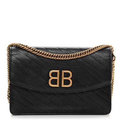 Balenciaga Shiny Goatskin Logo Embossed BB Wallet On Chain Black 1 of 15