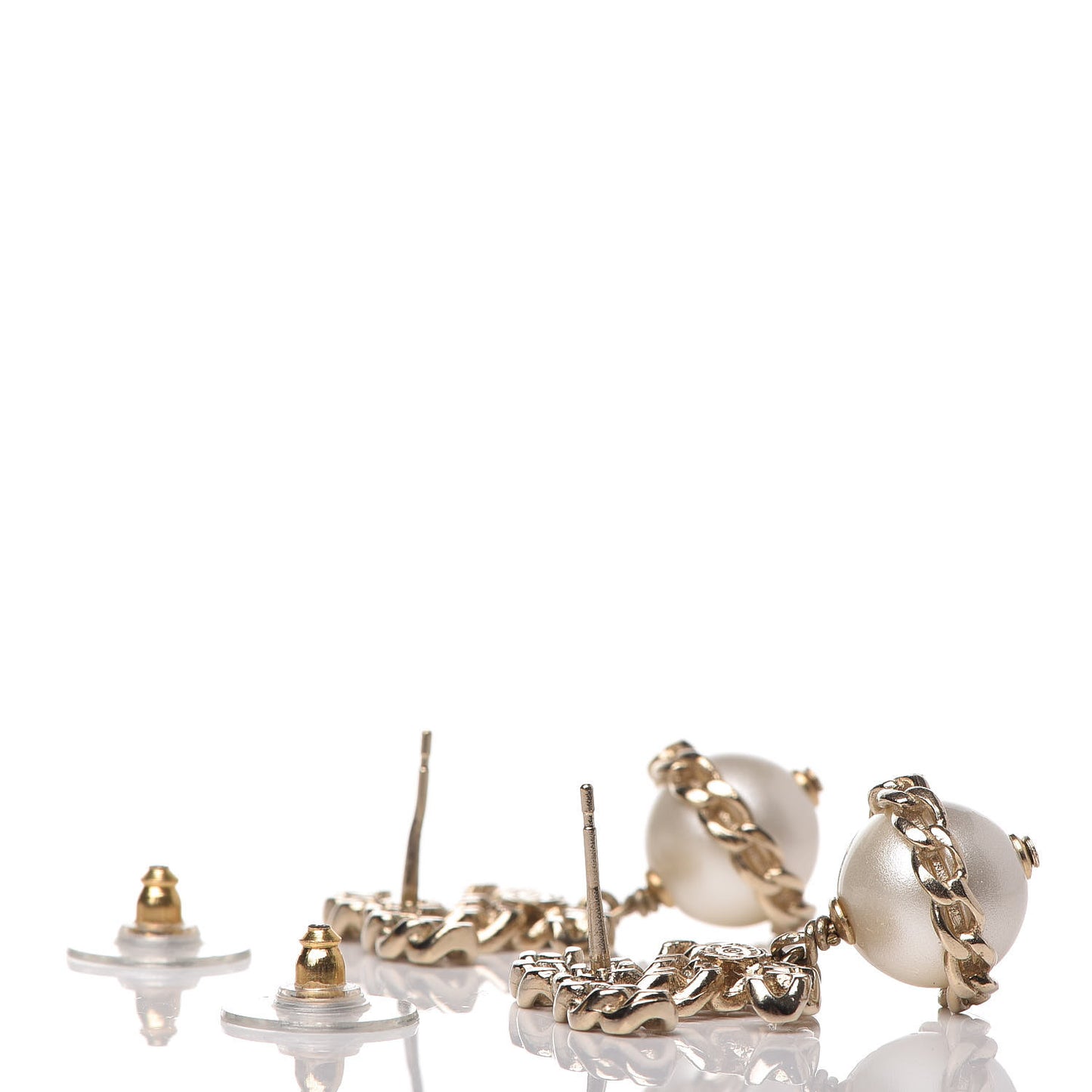 Chain Pearl CC Drop Earrings Gold