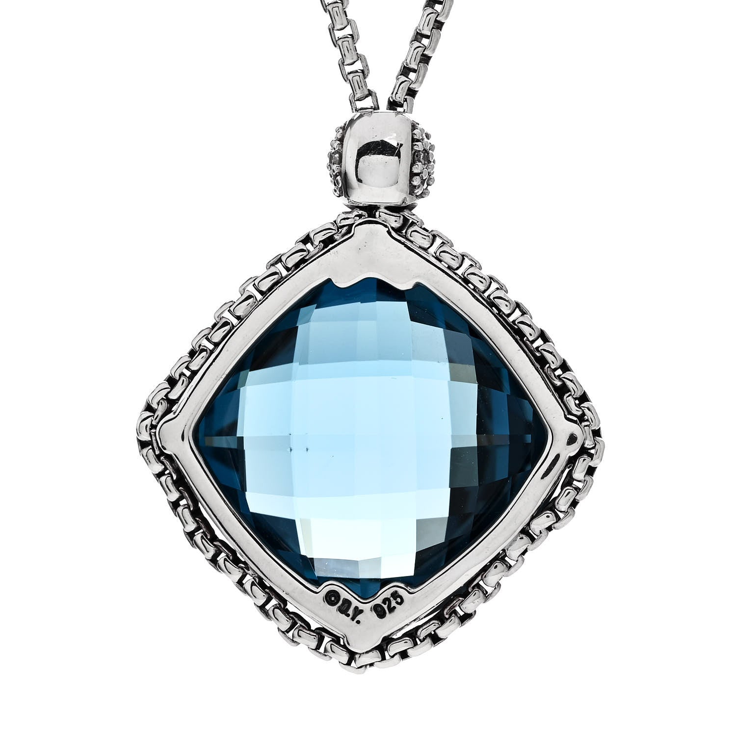 David Yurman Sterling Silver Diamond Blue Topaz 20mm Cushion on Point Drop Pendant Necklace 5 of 8