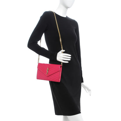 Saint Laurent Grain De Poudre Matelasse Chevron Monogram Chain Wallet Bubblegum 2 of 13