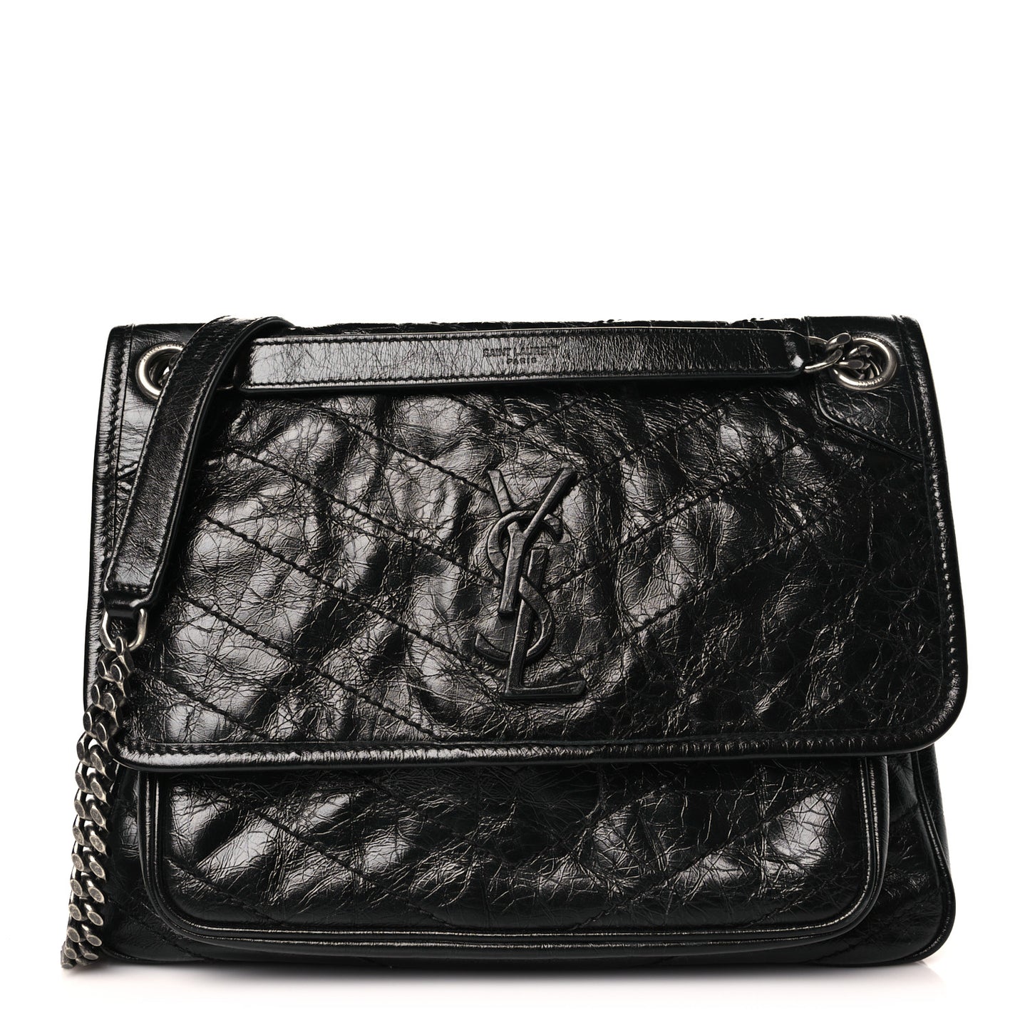 Crinkled Calfskin Matelasse Monogram Medium Niki Chain Satchel Black