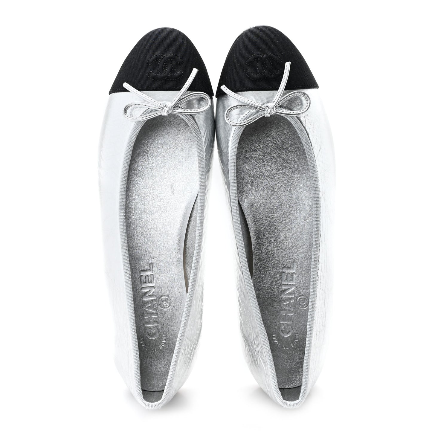 Laminated Crumpled Lambskin Grosgrain Cap Toe CC Ballerina Flats 41 Silver Black