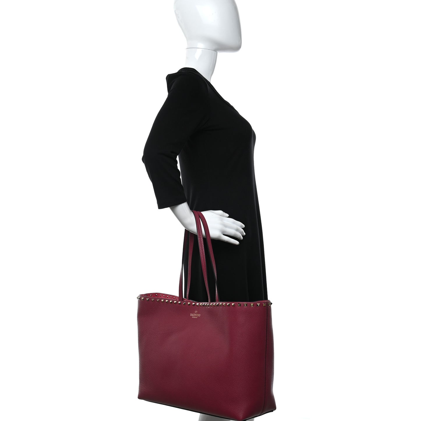 Grained Calfskin Rockstud Shoulder Tote Deep Cyclamin