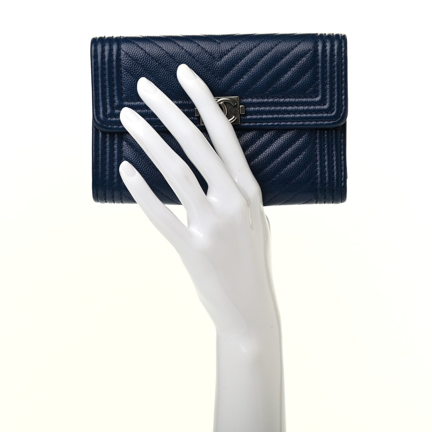 Caviar Chevron Quilted Medium Boy Flap Wallet Navy