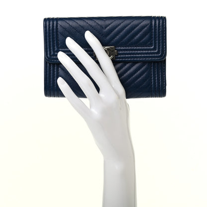 Chanel Caviar Chevron Quilted Medium Boy Flap Wallet Navy 2 of 8