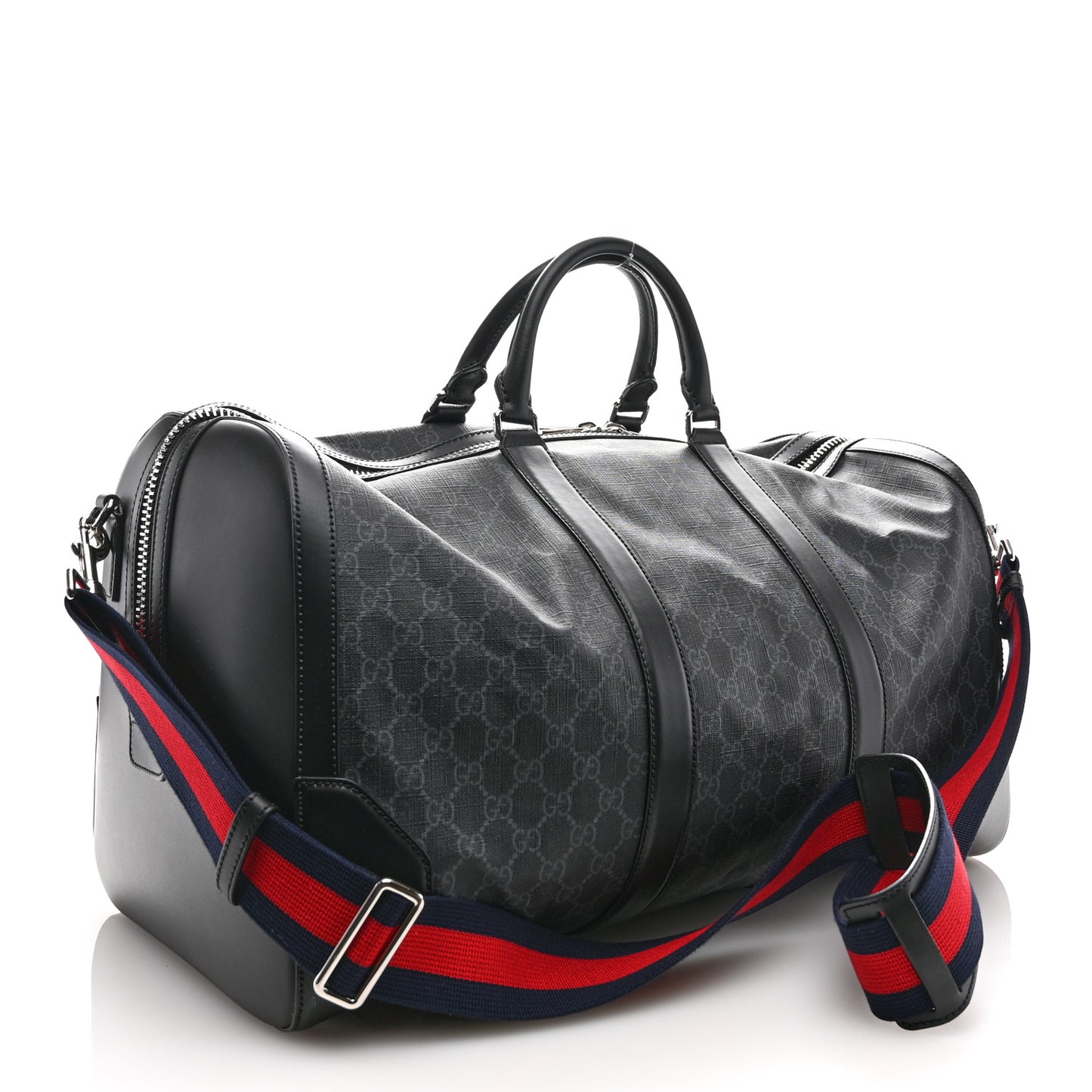 Soft GG Supreme Monogram Appia Calfskin Web Large Carry On Duffle Bag Black Grey