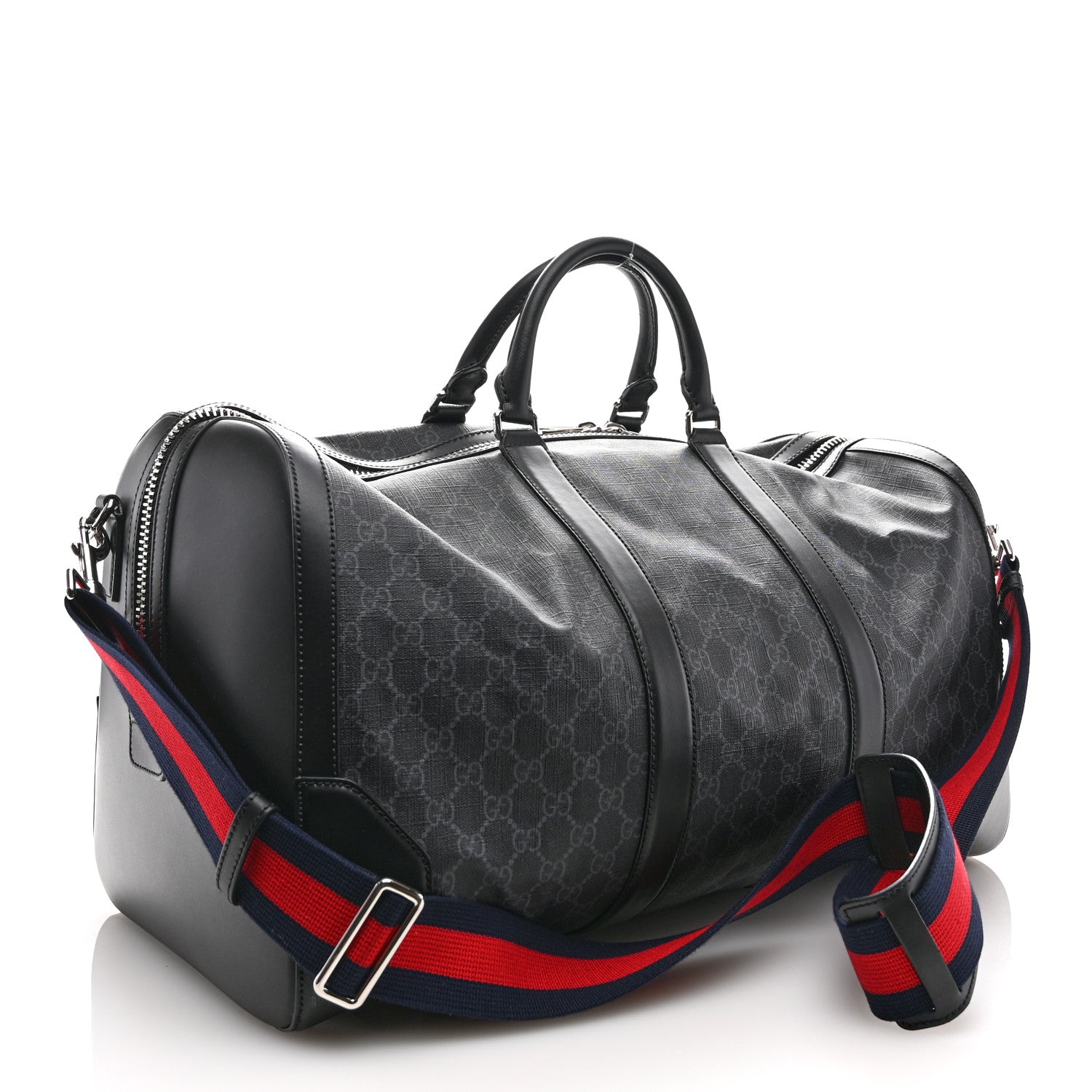 Gucci Soft GG Supreme Monogram Appia Calfskin Web Large Carry On Duffle Bag Black Grey 2 of 12