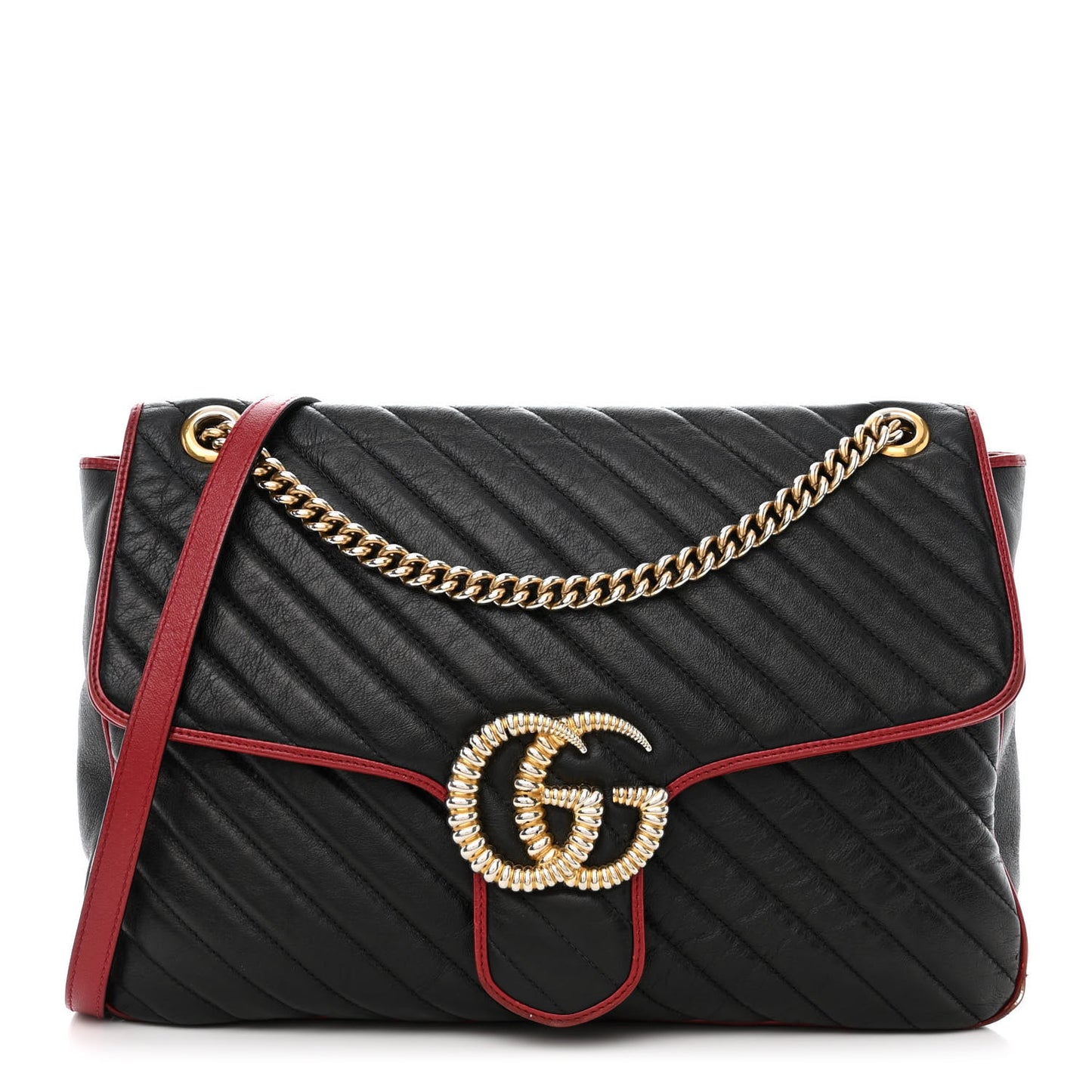 Vintage Effect Calfskin Matelasse Diagonal Large Torchon GG Marmont Shoulder Bag Black Romantic Cherry