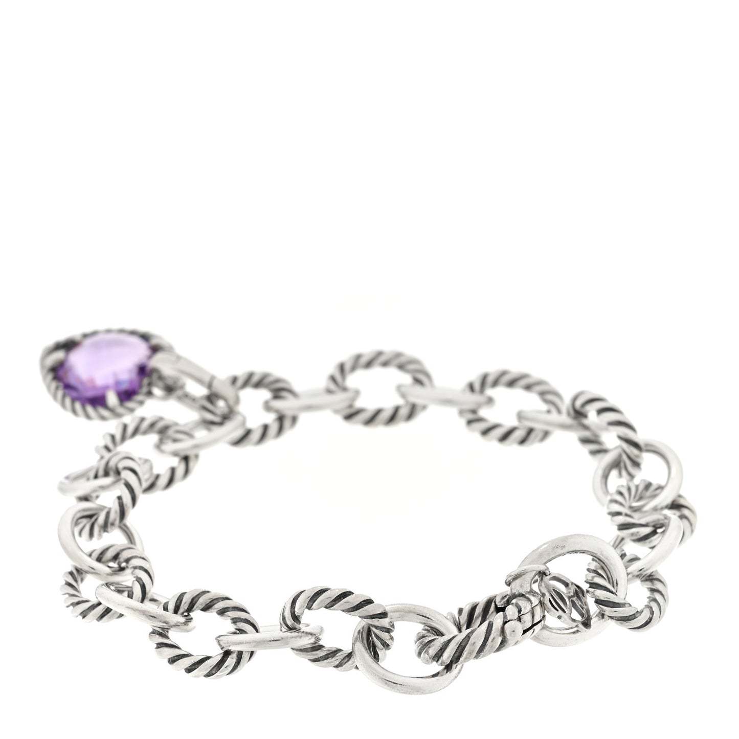 Sterling Silver Amethyst 10mm Medium Oval Link Cable Heart Charm Bracelet