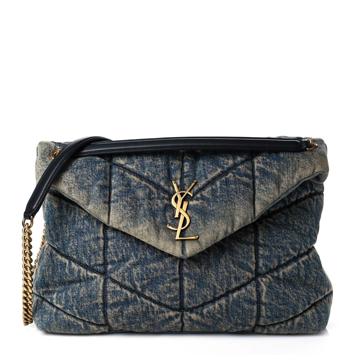 Denim Quilted Medium Loulou Puffer Monogram Chain Satchel Blue Black