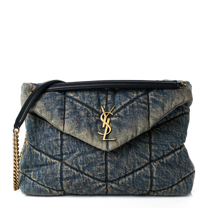 Saint Laurent Denim Quilted Medium Loulou Puffer Monogram Chain Satchel Blue Black 1 of 10