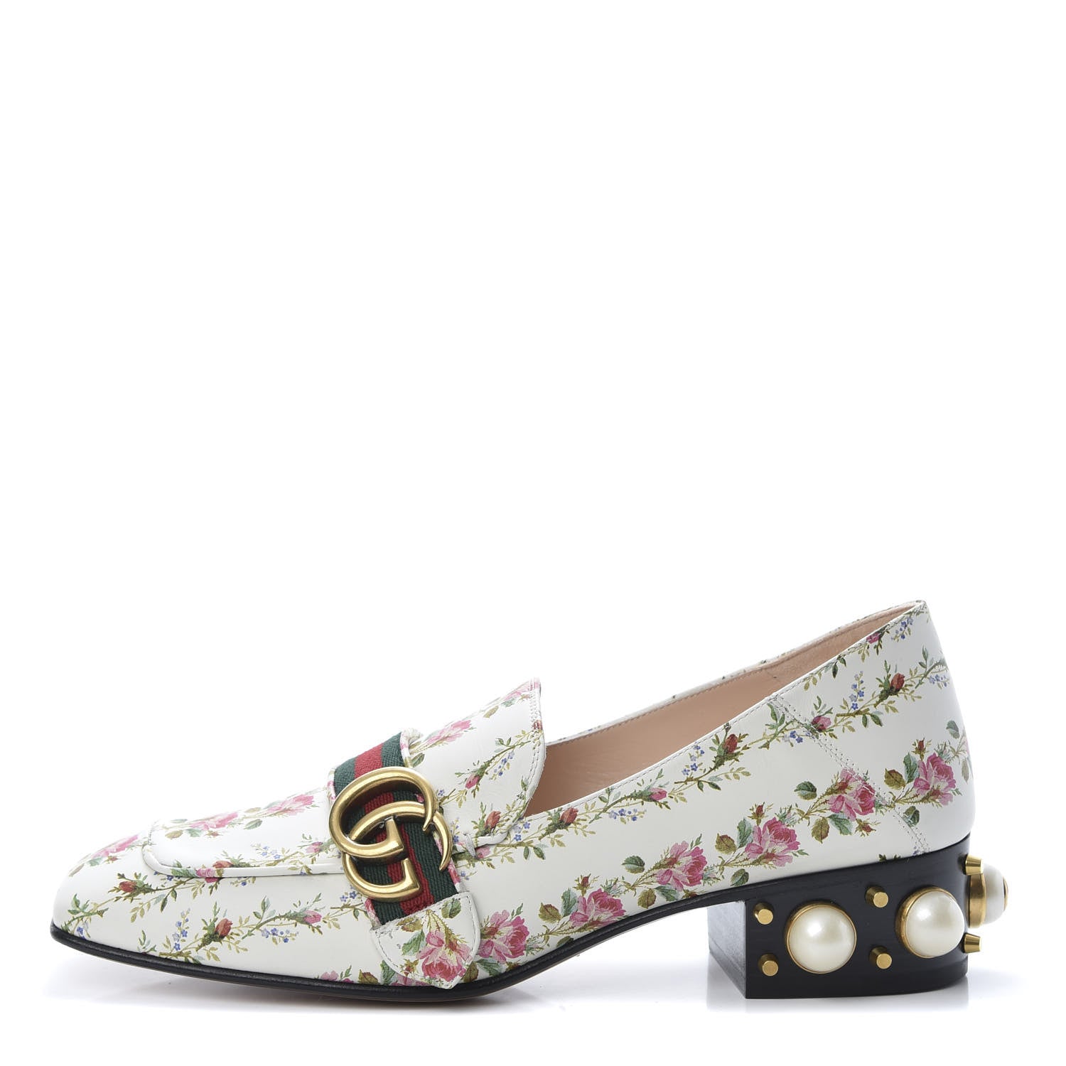 Gucci Calfskin Web Pearl Embellished Peyton Loafer 38.5 White 1 of 11