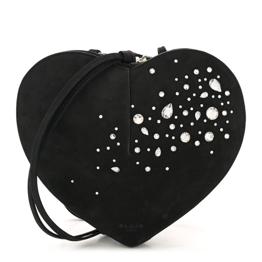 Suede Crystal Embellished Le Coeur Bag Black