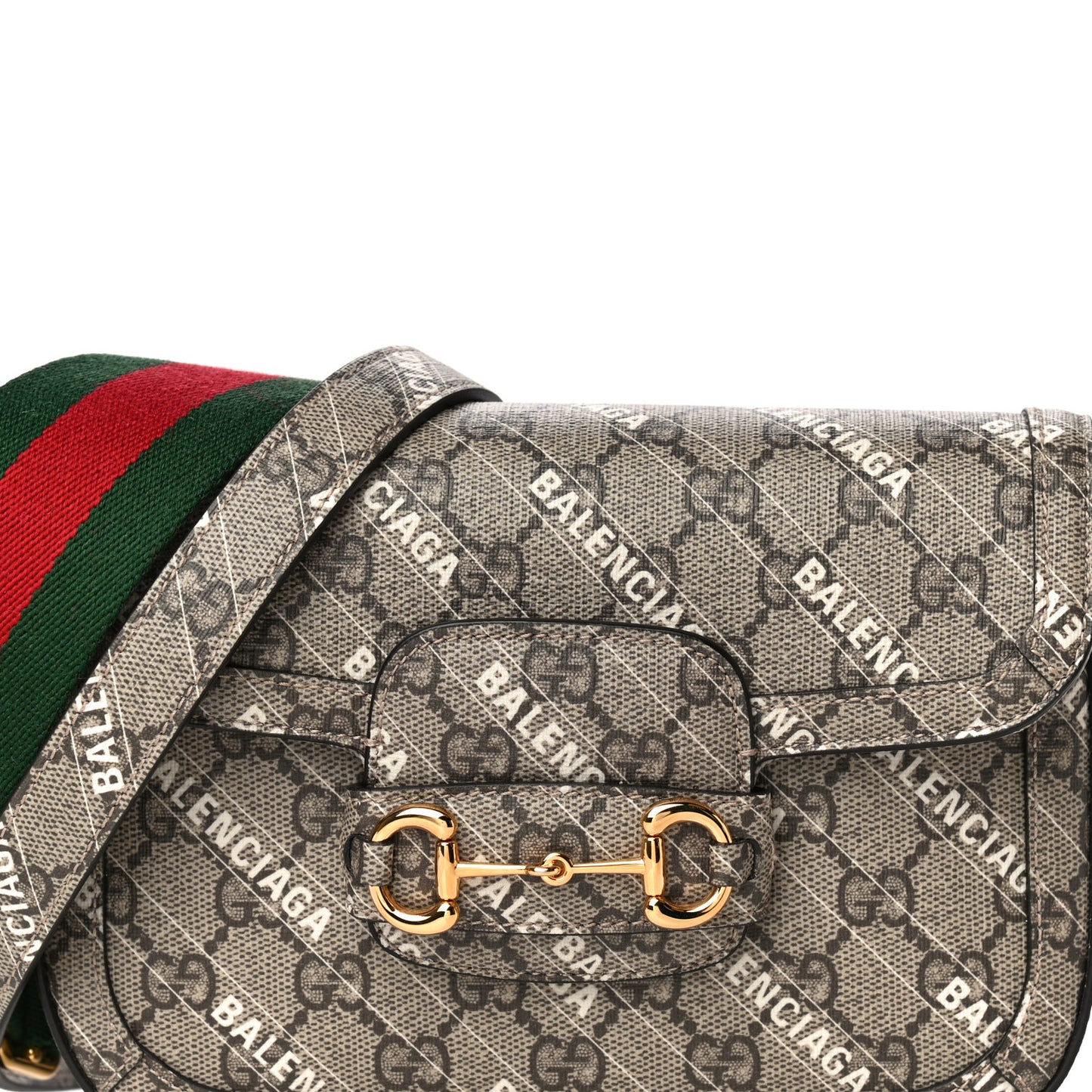 X BALENCIAGA GG Supreme Monogram Web Logo Print Mini Horsebit 1955 Shoulder Bag Beige Ebony