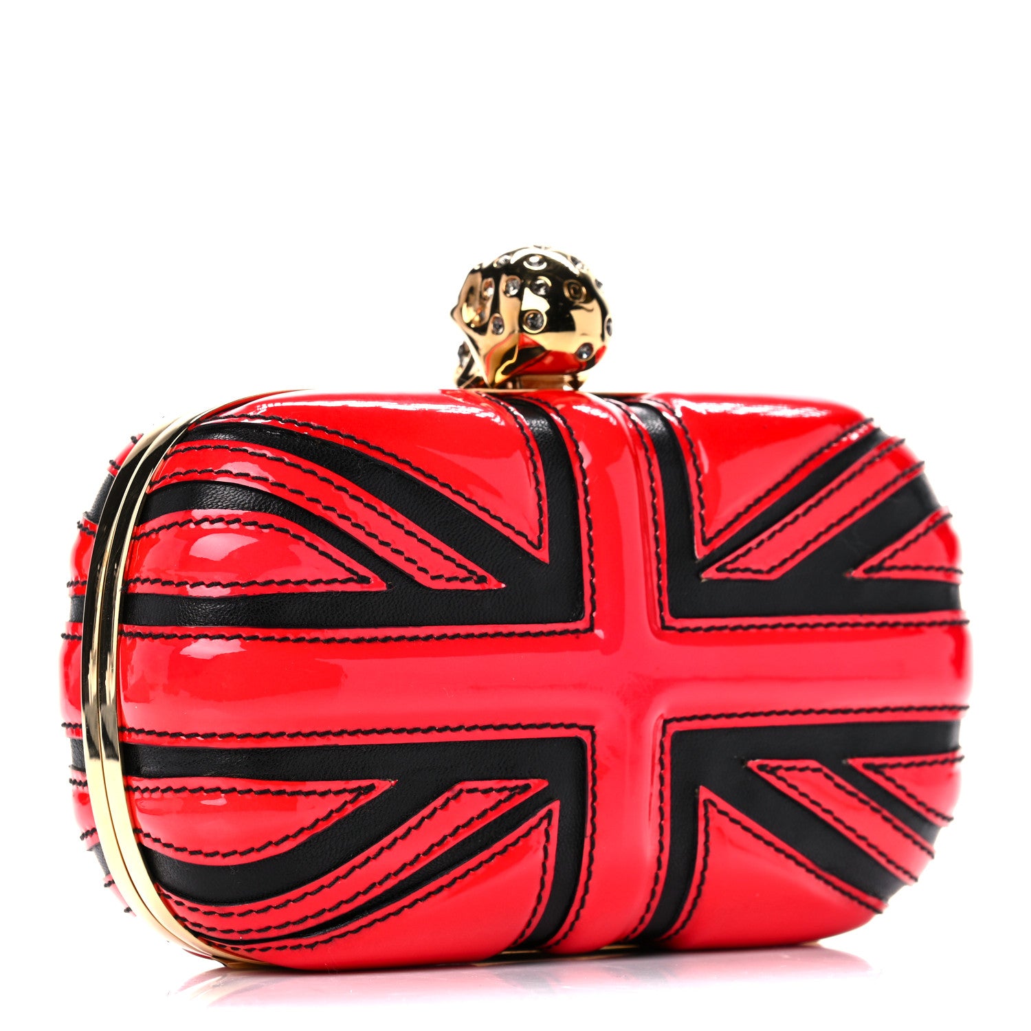 Alexander McQueen Patent Calfskin Britannia Skull Box Clutch Red Black 3 of 18
