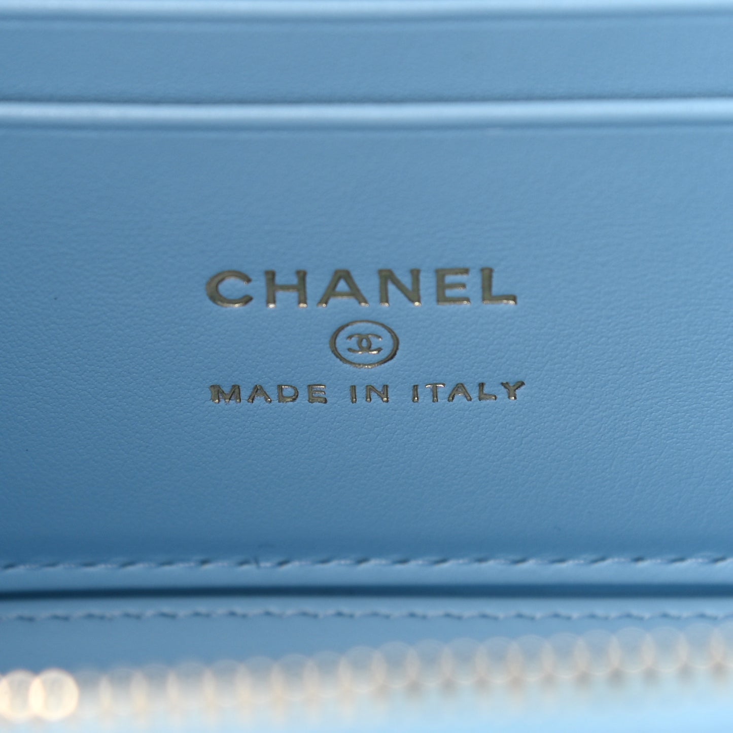 Shiny Caviar Quilted Pick Me Up Vanity Case Light Blue